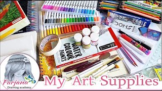 MY DRAWING SUPPLIES  Drawing Materials  Useful Art Supplies  Farjana Drawing Academy [upl. by Erialb]