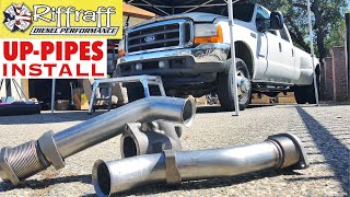 2001 F350 73  RiffRaff UpPipes Install  Stock up pipes leaking and falling apart JUNK SP [upl. by Cooper315]